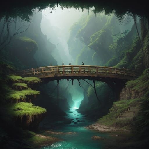 Ancient Wooden Bridge in Wild Jungle Wadi: Concept Art