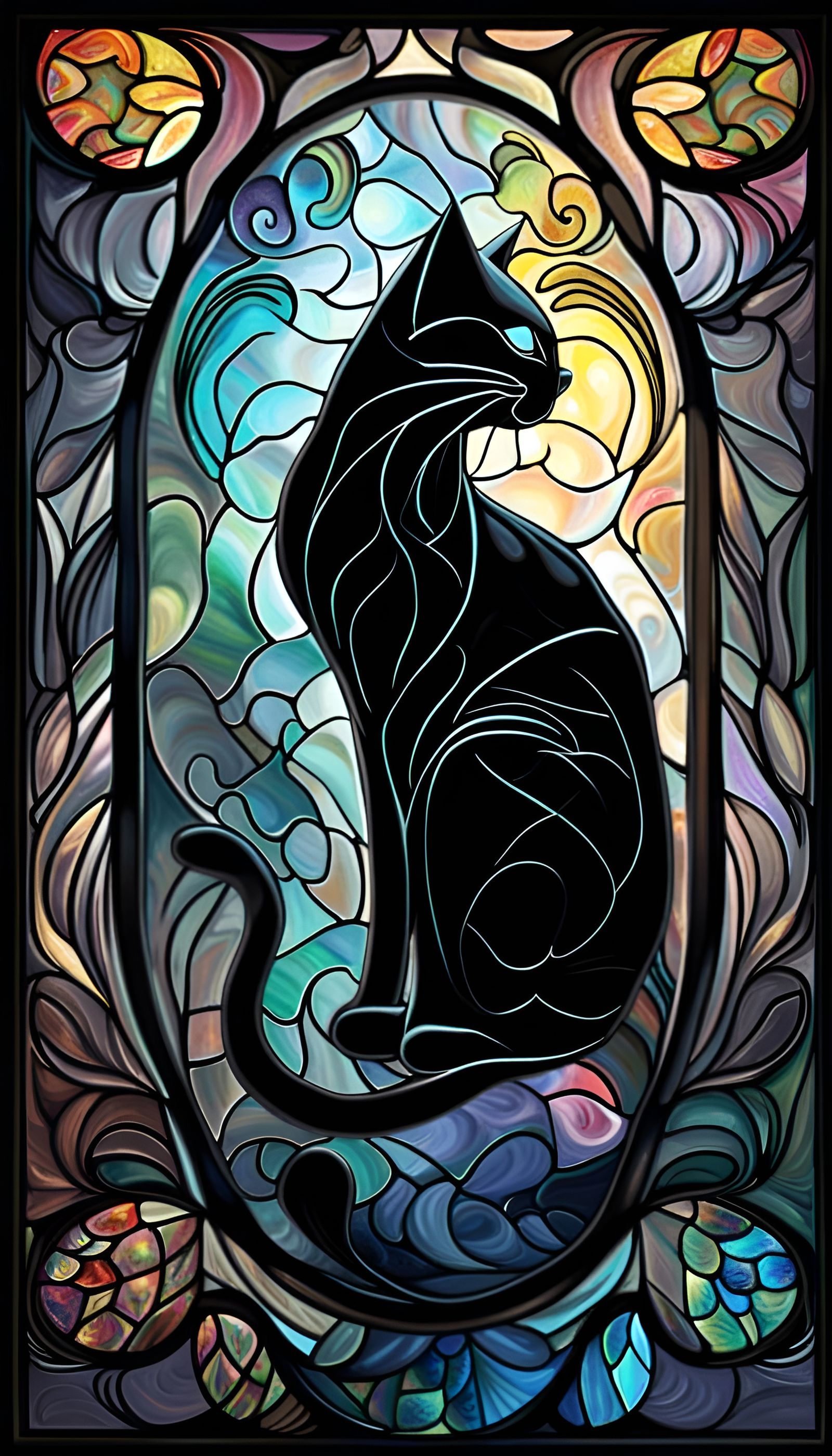 Tiffany Stained Glass Black Cat Profile