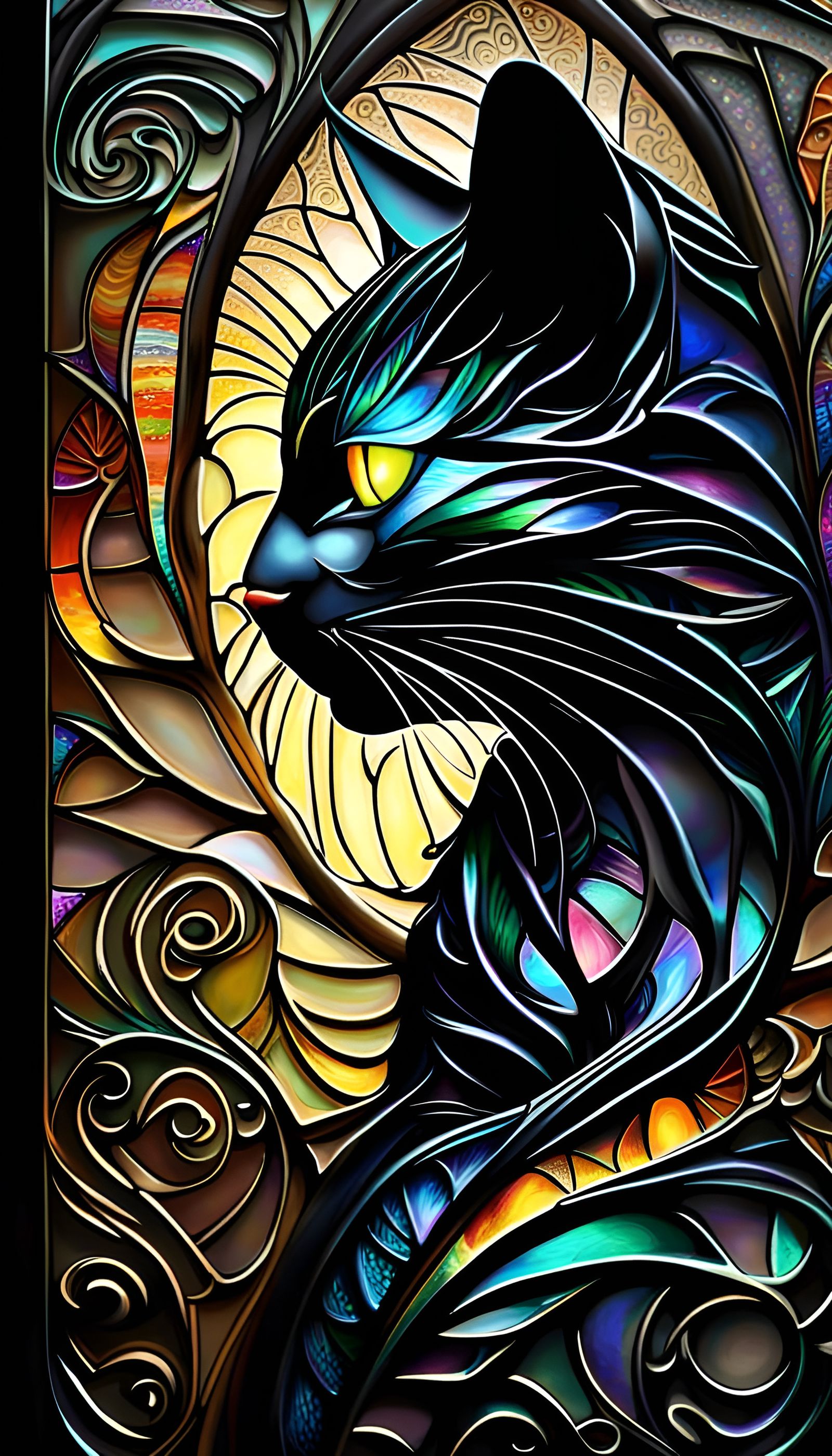 Stained Glass Black Cat Profile in Abstract Style