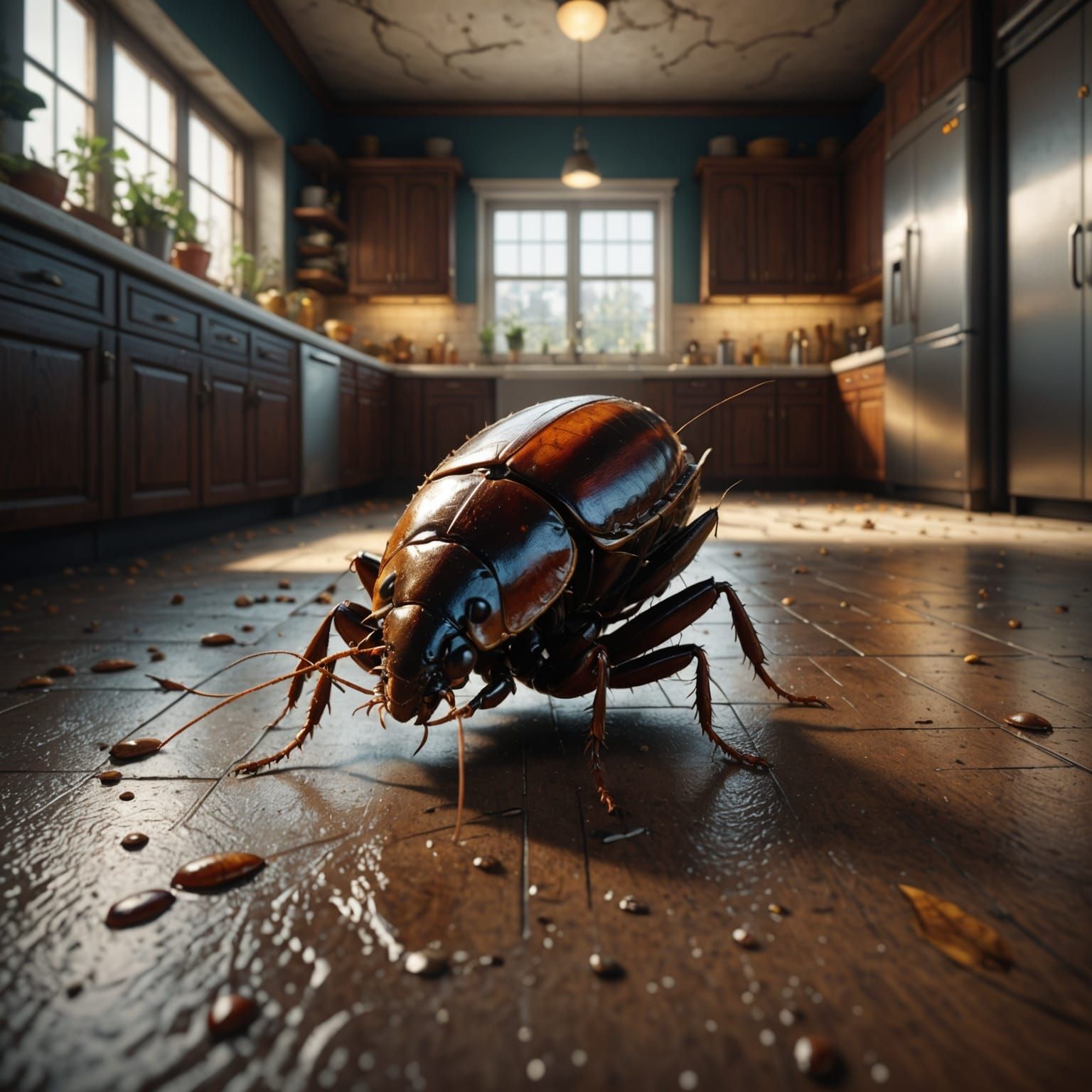 Detailed Matte Painting of a Cockroach on Kitchen Floor