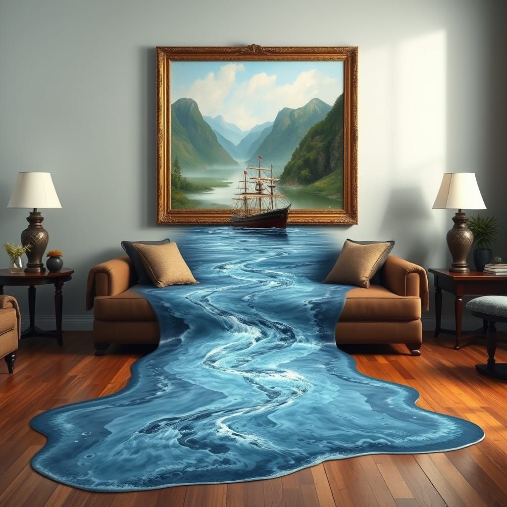 Surreal Oil Painting River Overflows into Living Room