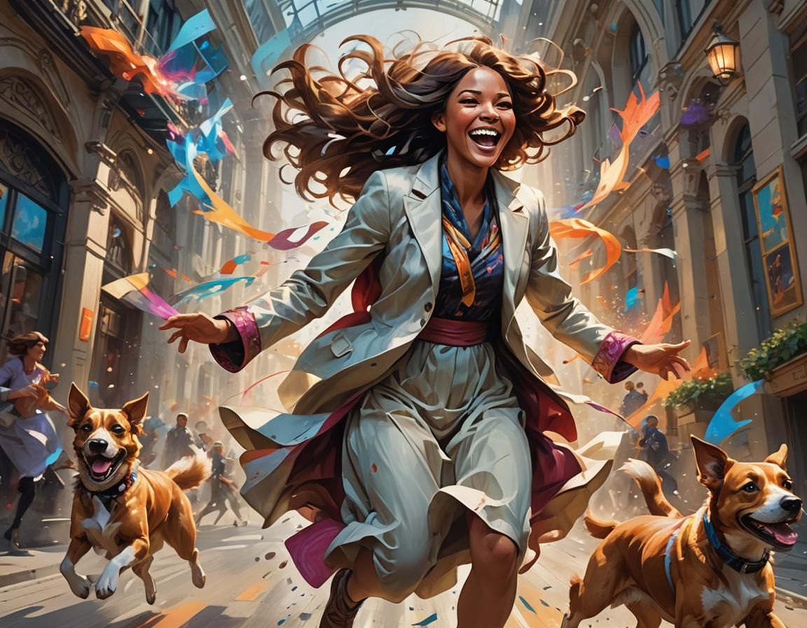 Smiling Woman with Jumping Dog, Hyperdetailed Splash Art