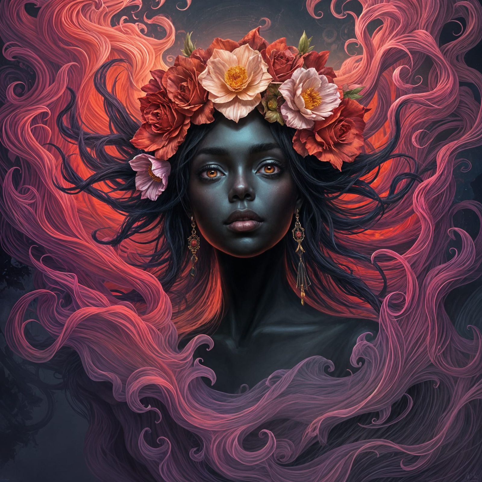 Ethereal Black Orisha Emerges in Art Nouveau Style