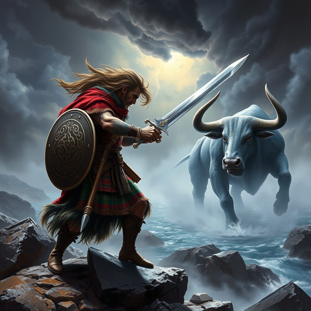 Highlander Warrior Battles Mythical Water Bull at Loch's Edg...