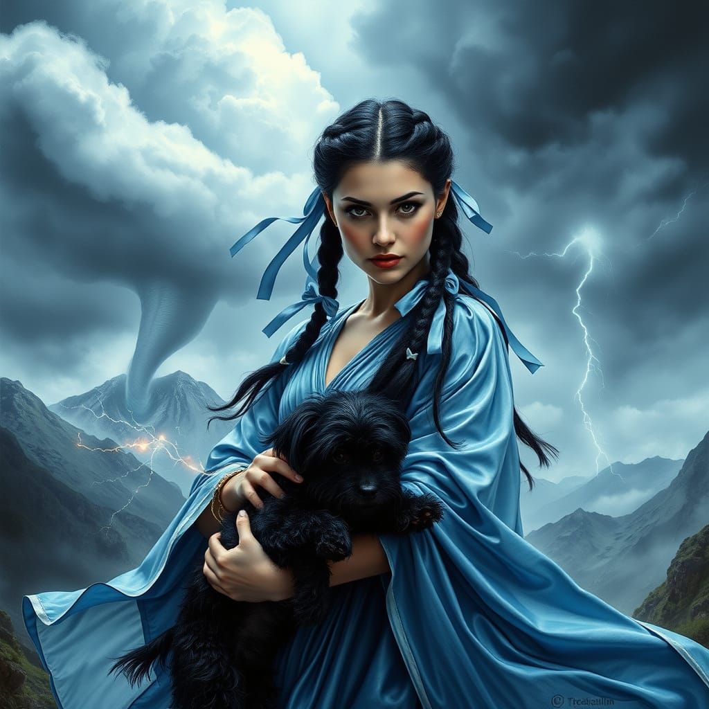 Storm Mage with Intense Gaze, Set Against Turbulent Landscap...
