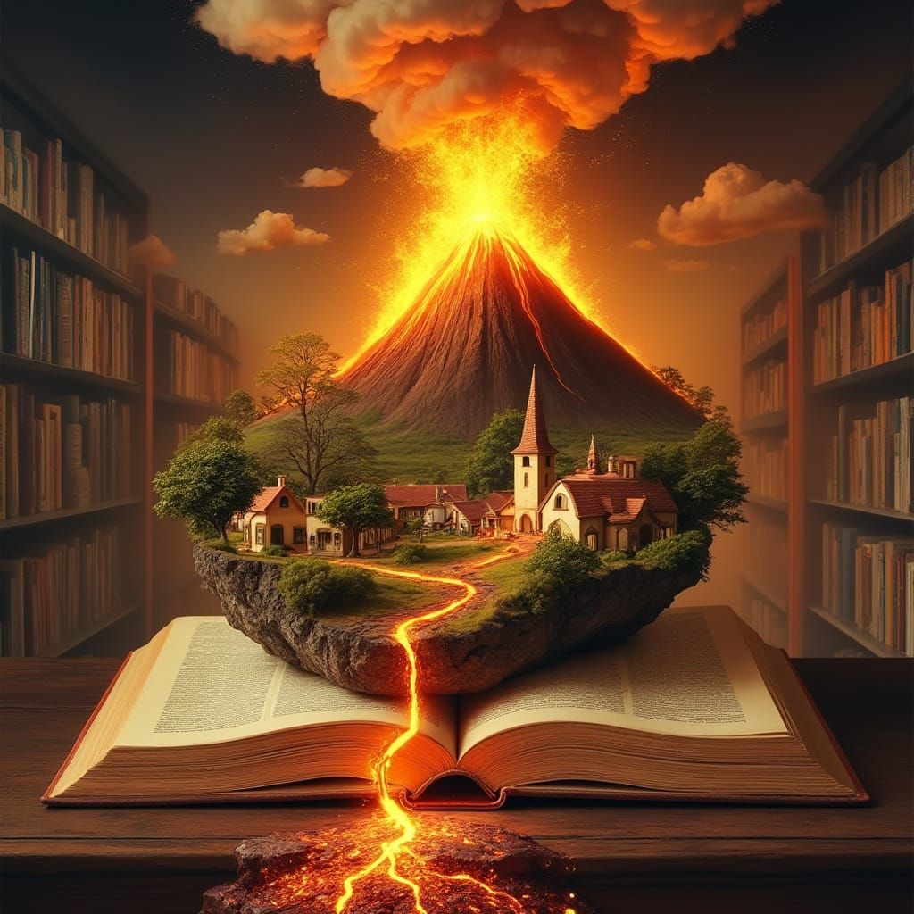Ethereal Volcanic Eruption in Quaint Village