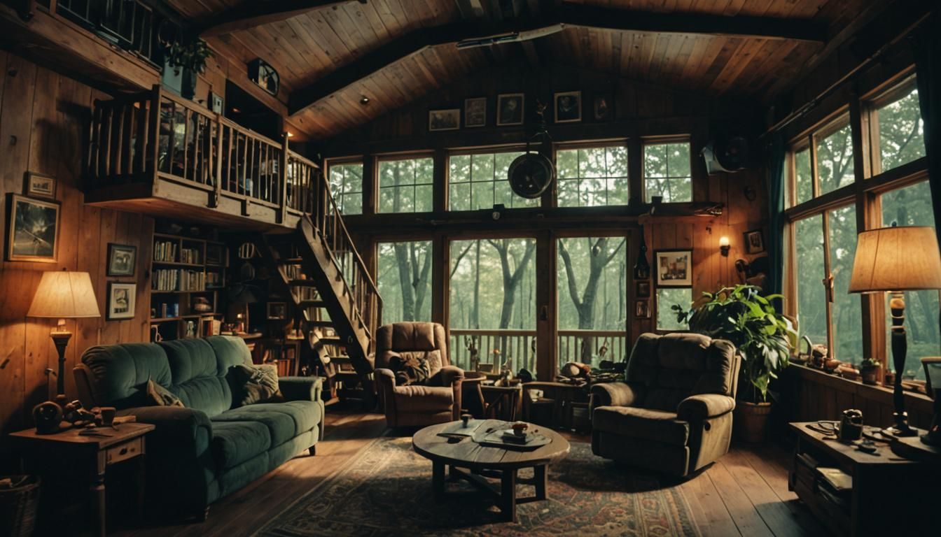 Cinematic Treehouse Living Room in Film Still