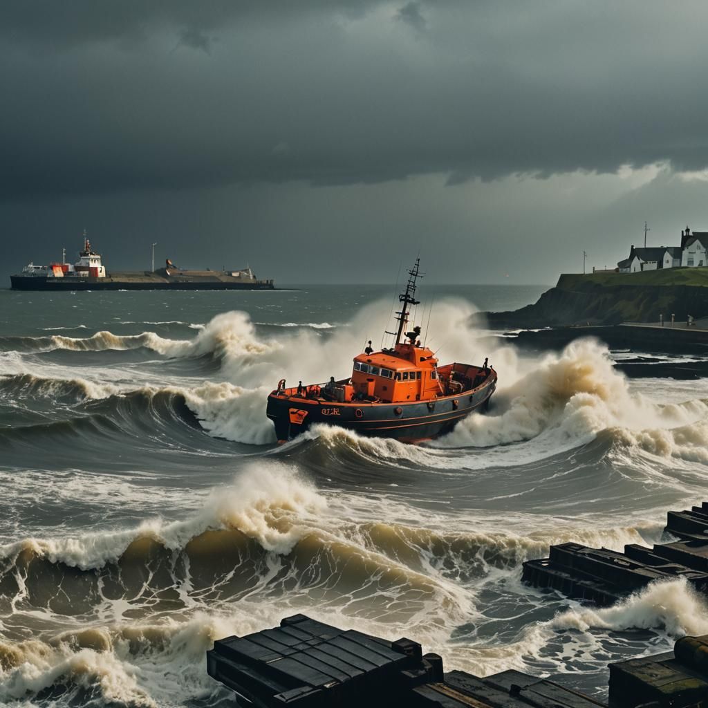 Cyberpunk Lifeboat Launching into Stormy Sea