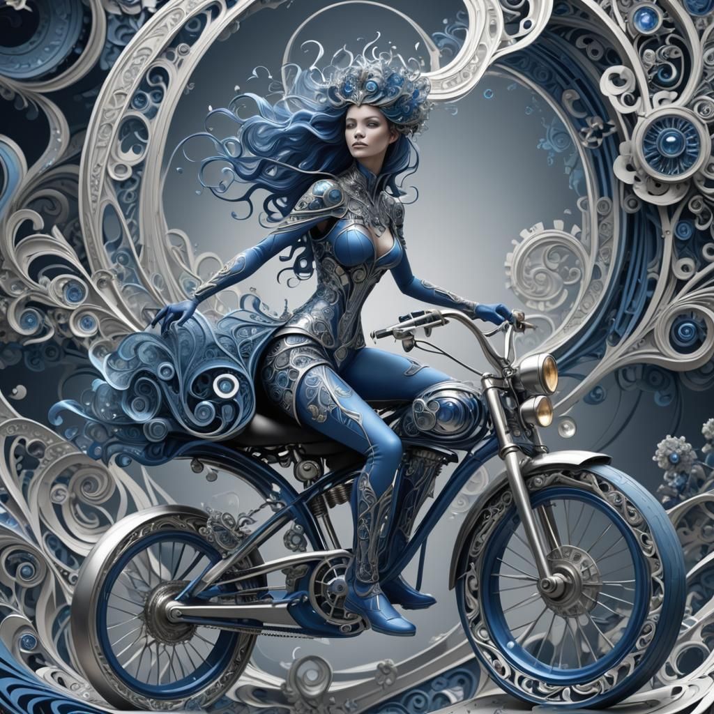 Blue Lady on Bike with Silver Highlights