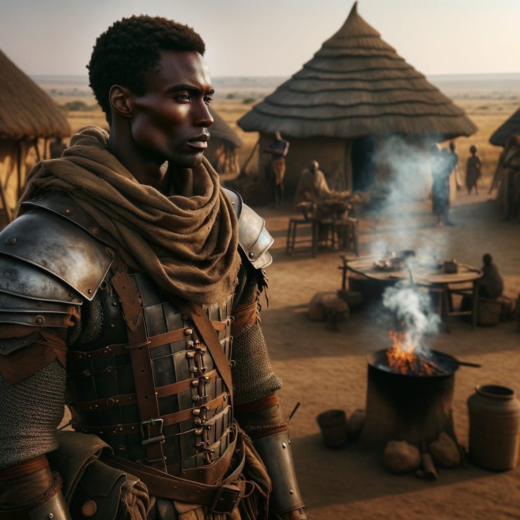 Medieval Bantu Warrior in Traditional Village