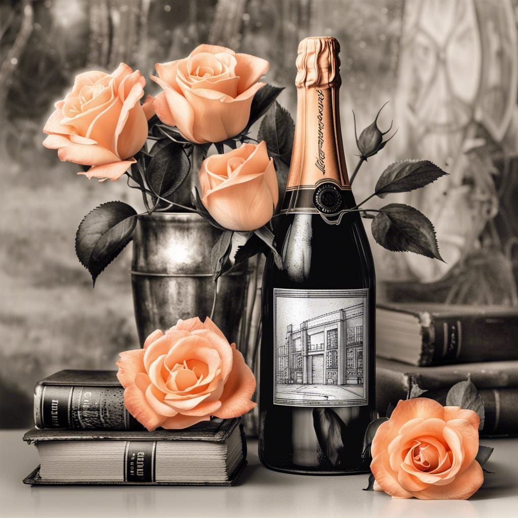 Peach Roses Bursting from Champagne Bottle