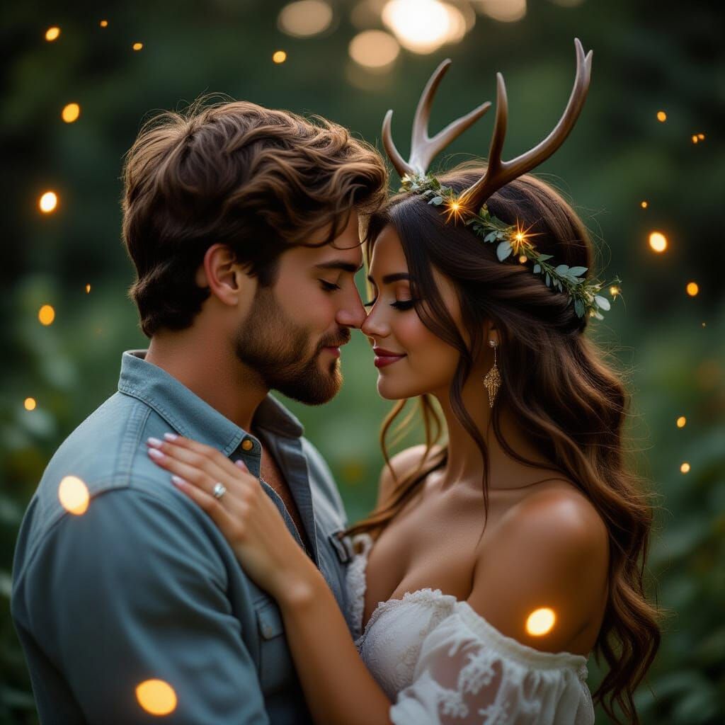Man Kisses Fairy in Summer Night Portrait