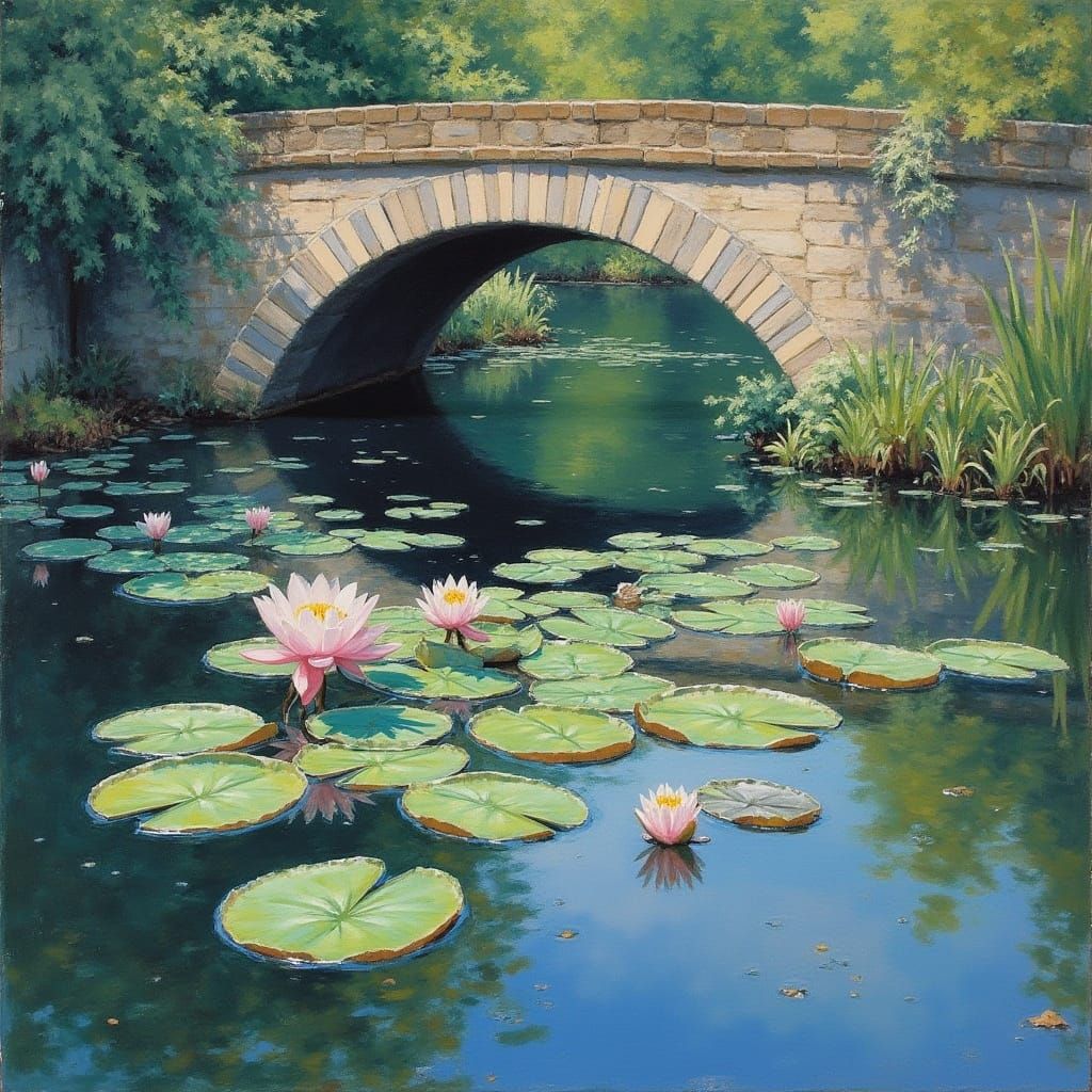 Water Lilies and Stone Bridge: Impressionist Painting