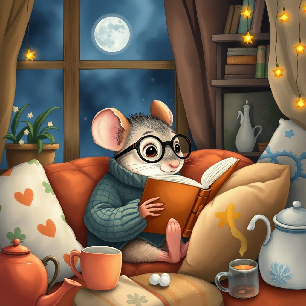 Mouse Reading Book in Cozy Ghibli-Style Apartment