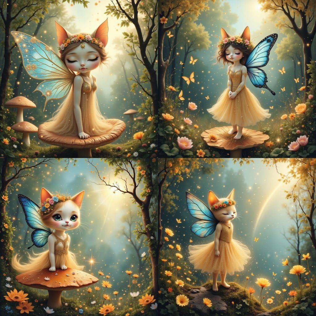 Kawaii Cat Fairy on Mushroom in Forest