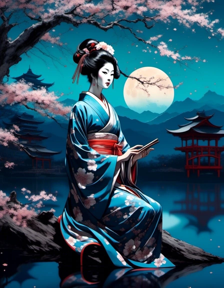 Geisha Under Moonlit Cherry Blossoms in Ukiyo-e Style