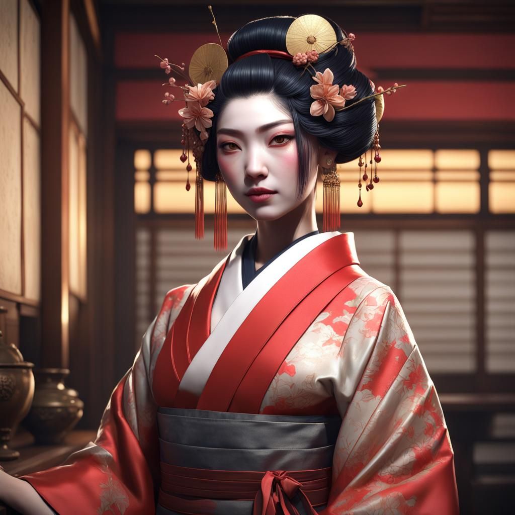 Elegant Geisha Portrait in Ornate Japanese Setting