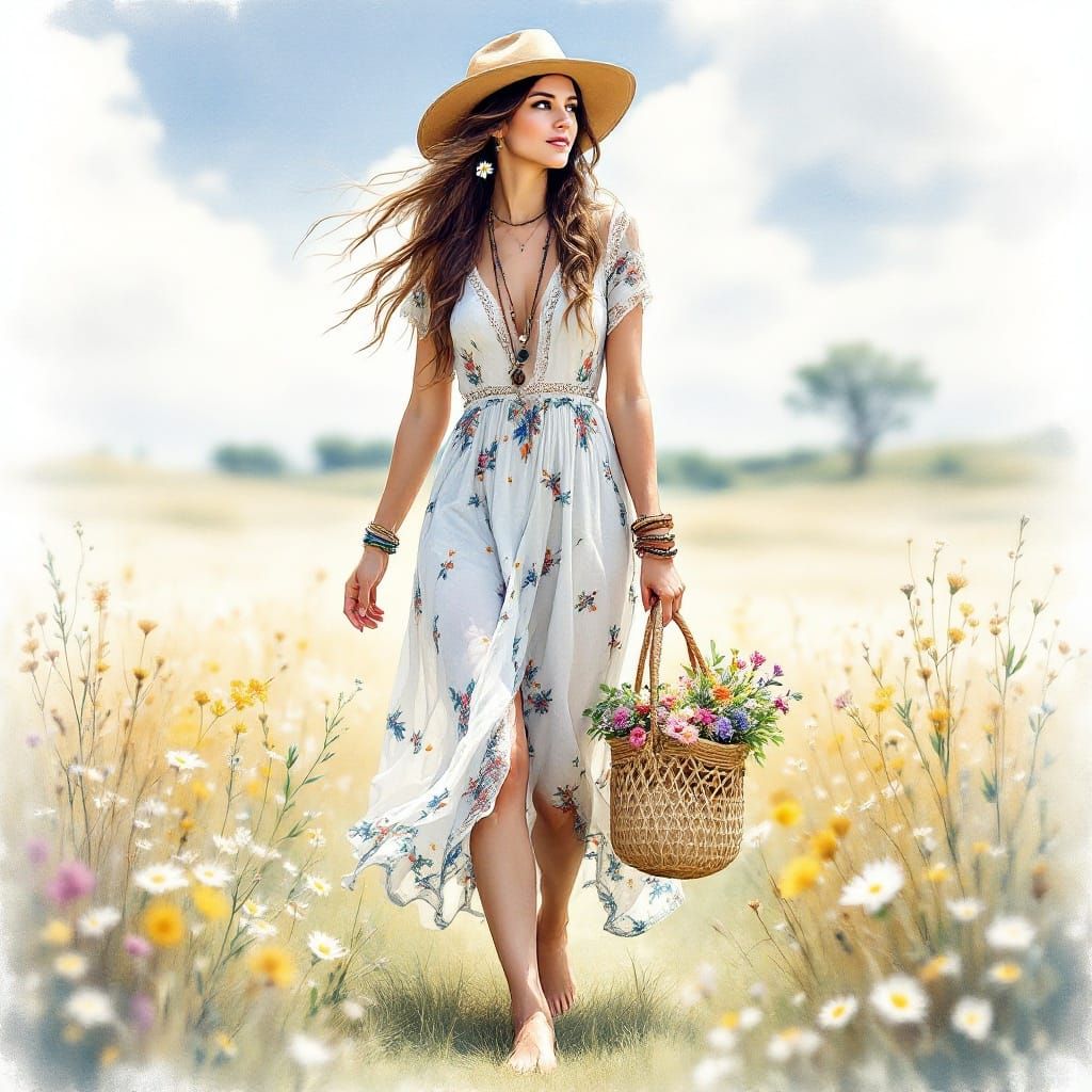 Woman Strolls through Sunny Meadow in Whimsical Watercolour ...