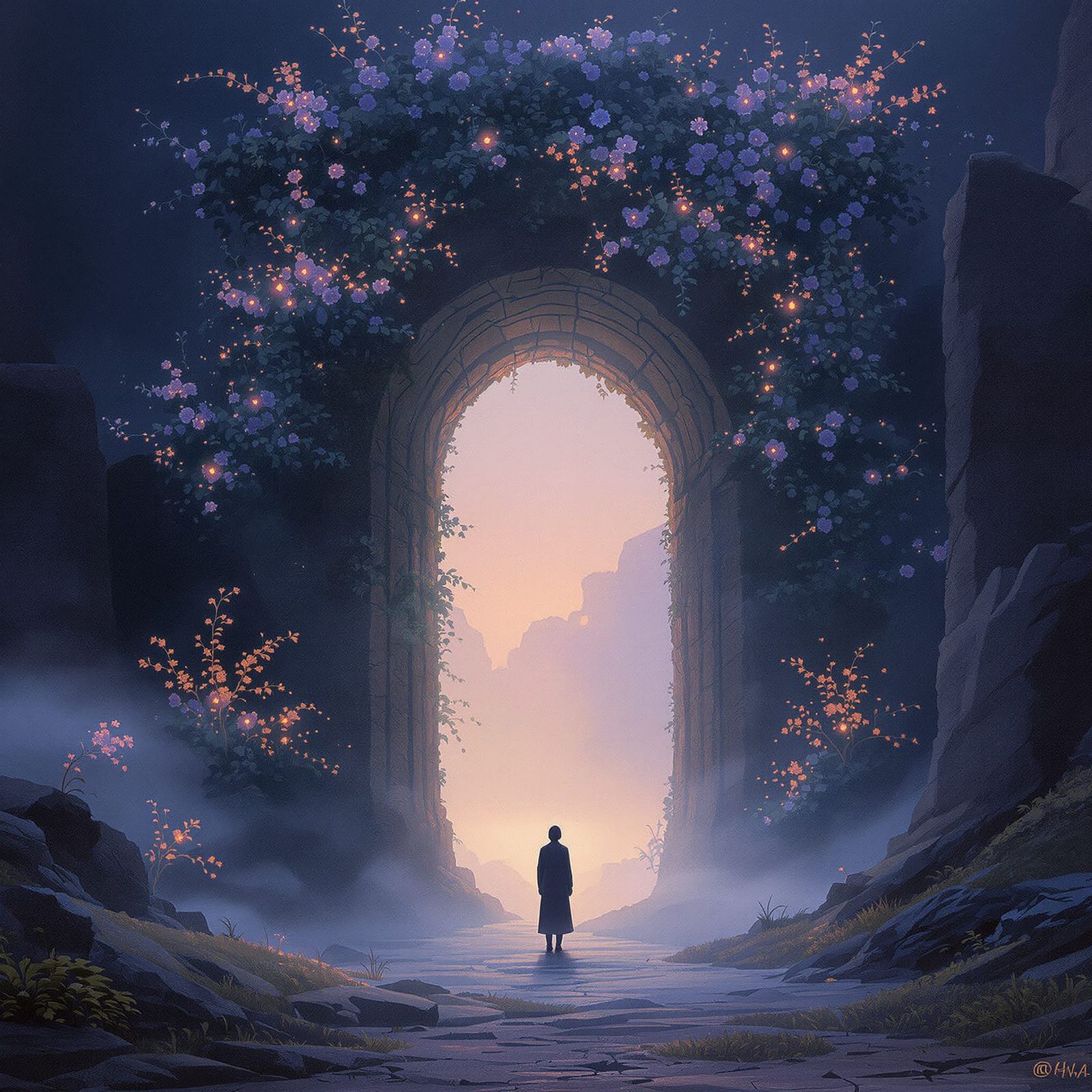 Solitary Figure Before Ancient Archway in Twilight
