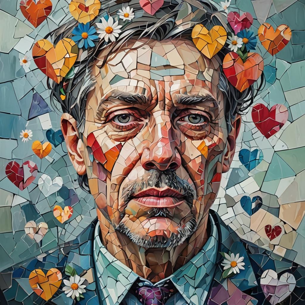 Cubist Portrait of Man with Hearts and Flowers