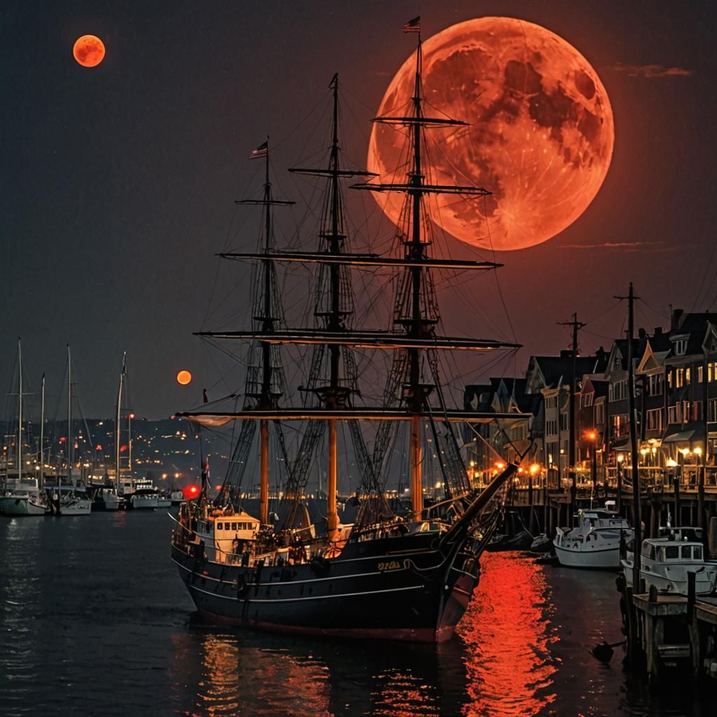 Sailing Ship at Night Under Red Moon