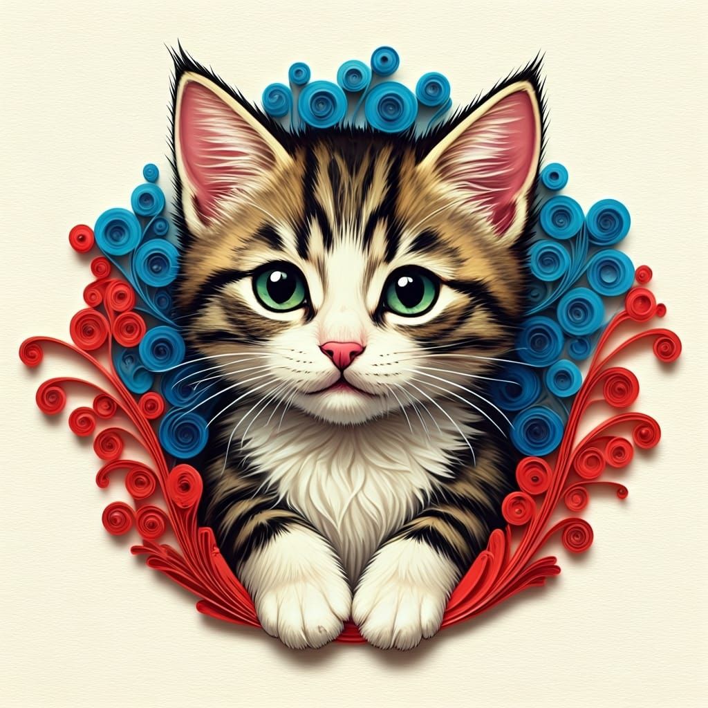 Kitten Surrounded by Colorful Quilled Paper Art