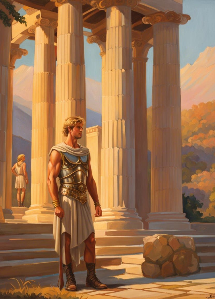 Greek God in Armor at Sunset: Digital Oil Painting