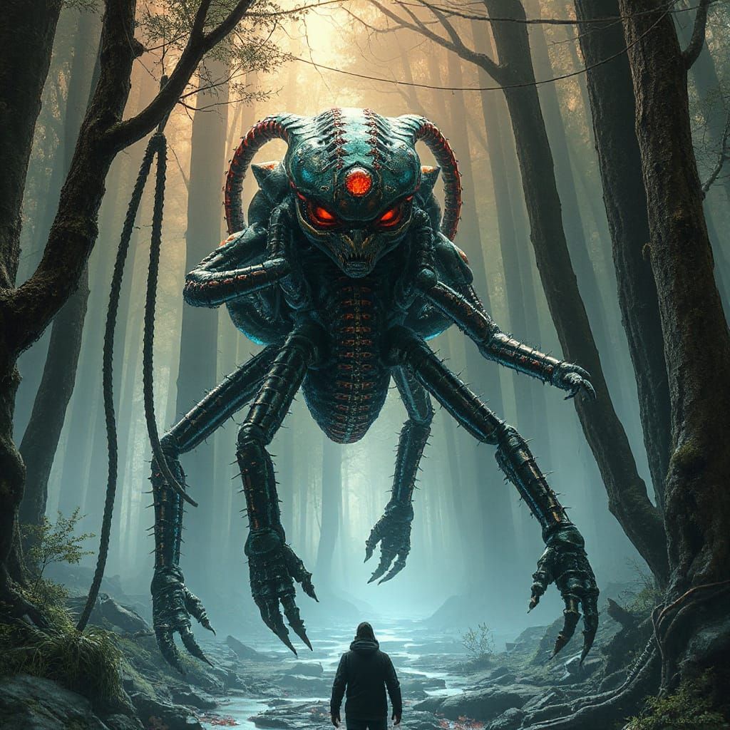 Eerie Alien in Mystical Forest: Biomechanical Art