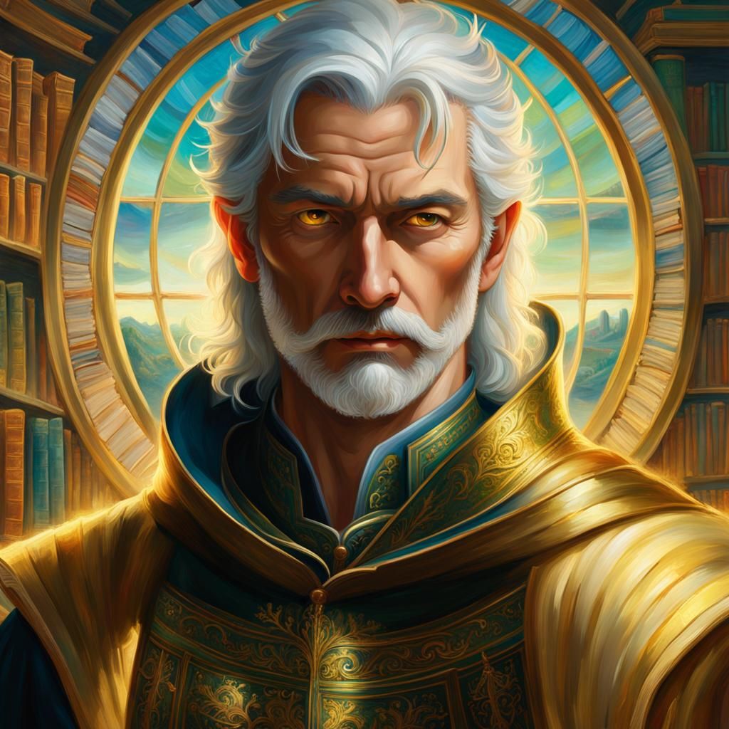 Elegant Man Reading in Grand Library: High Fantasy Art