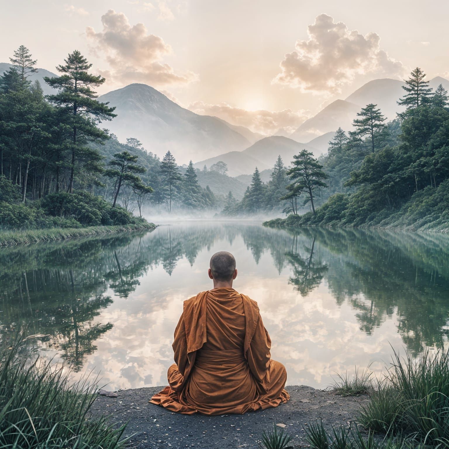 Serene Buddhist Monk Gazing into Reflecting Pond