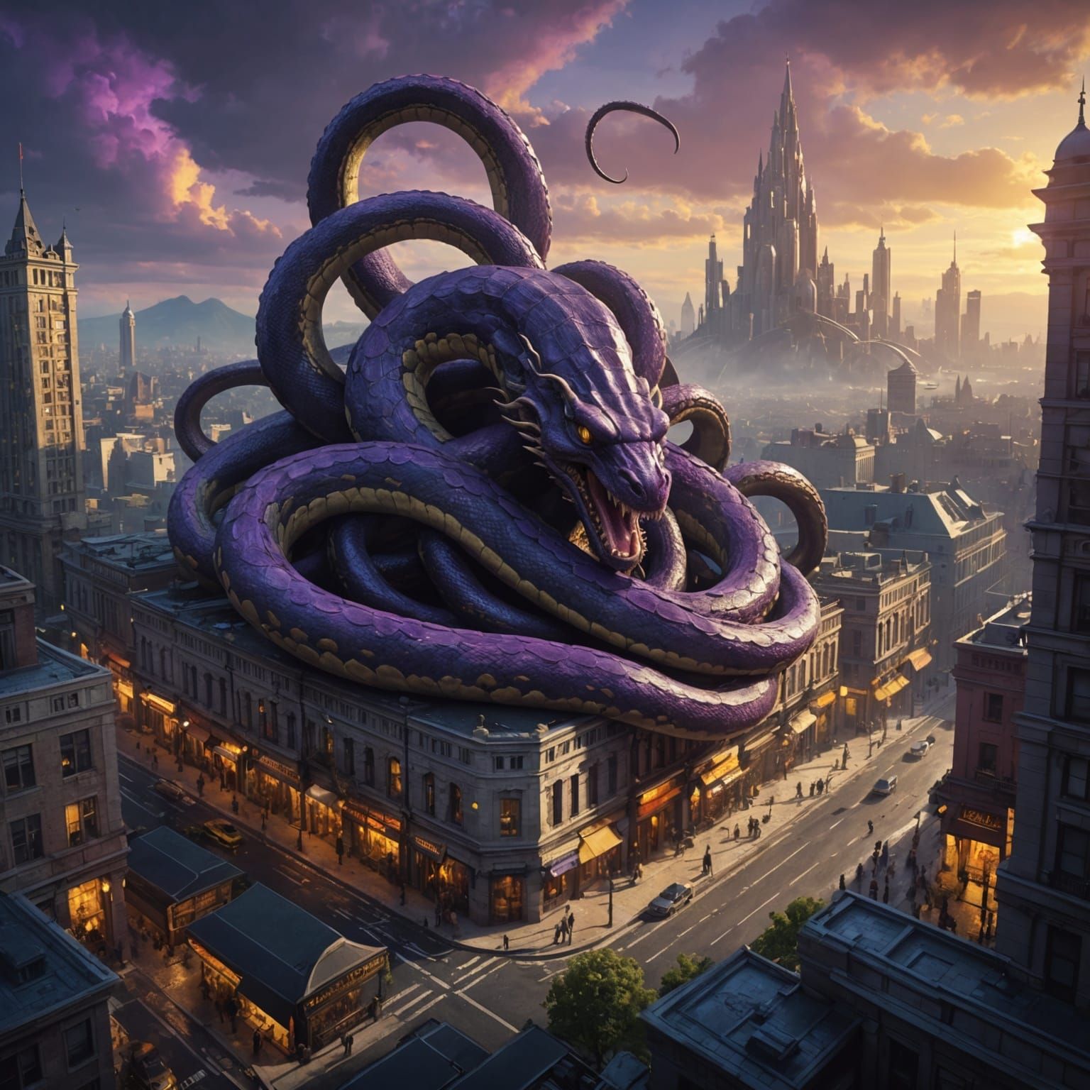 Giant Snake-Octopus Hybrid City Destruction in Dark Fantasy ...