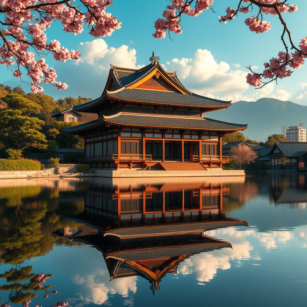 Serene Japanese Temple Reflected in Lake