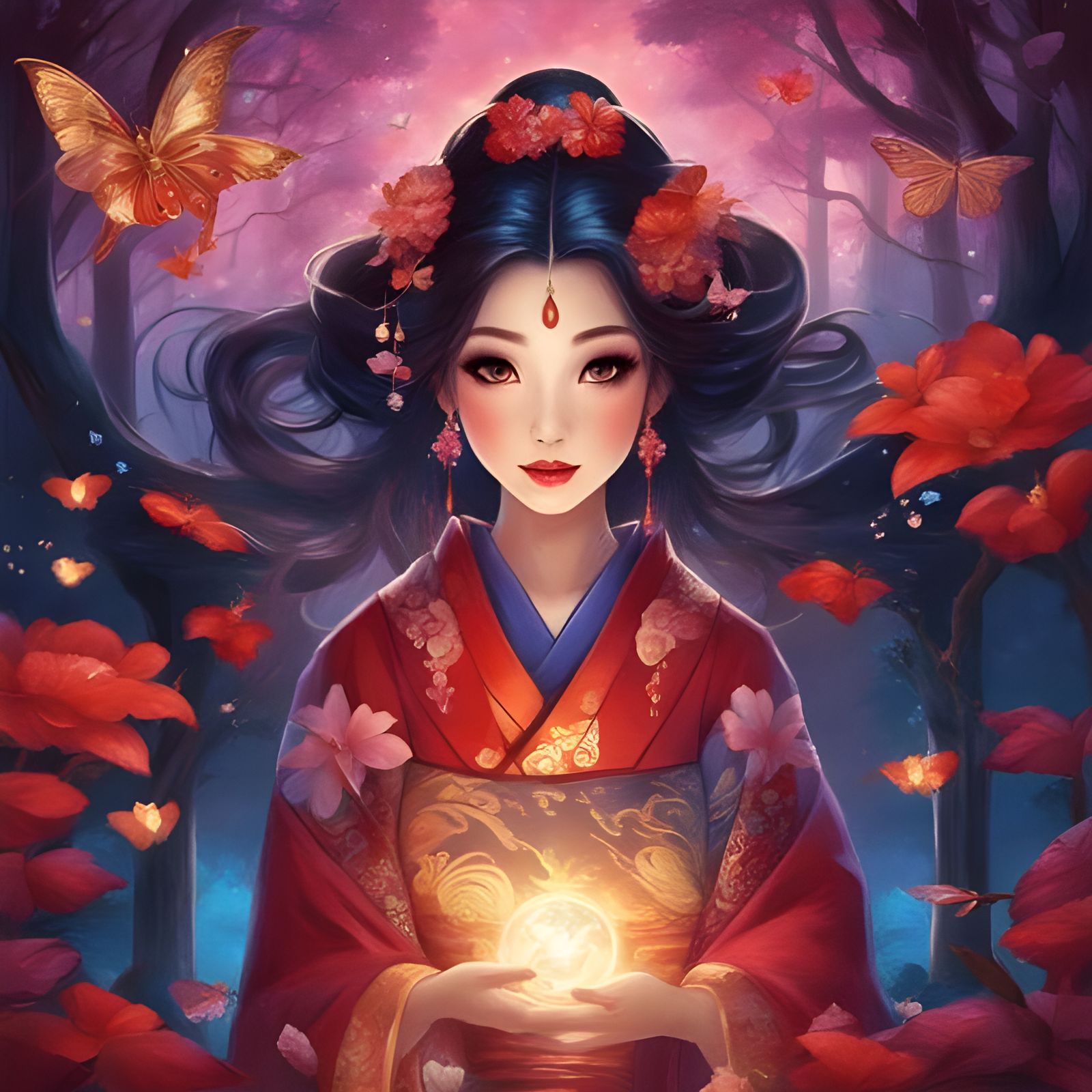 Geisha in a Magical Forest, Digital Art