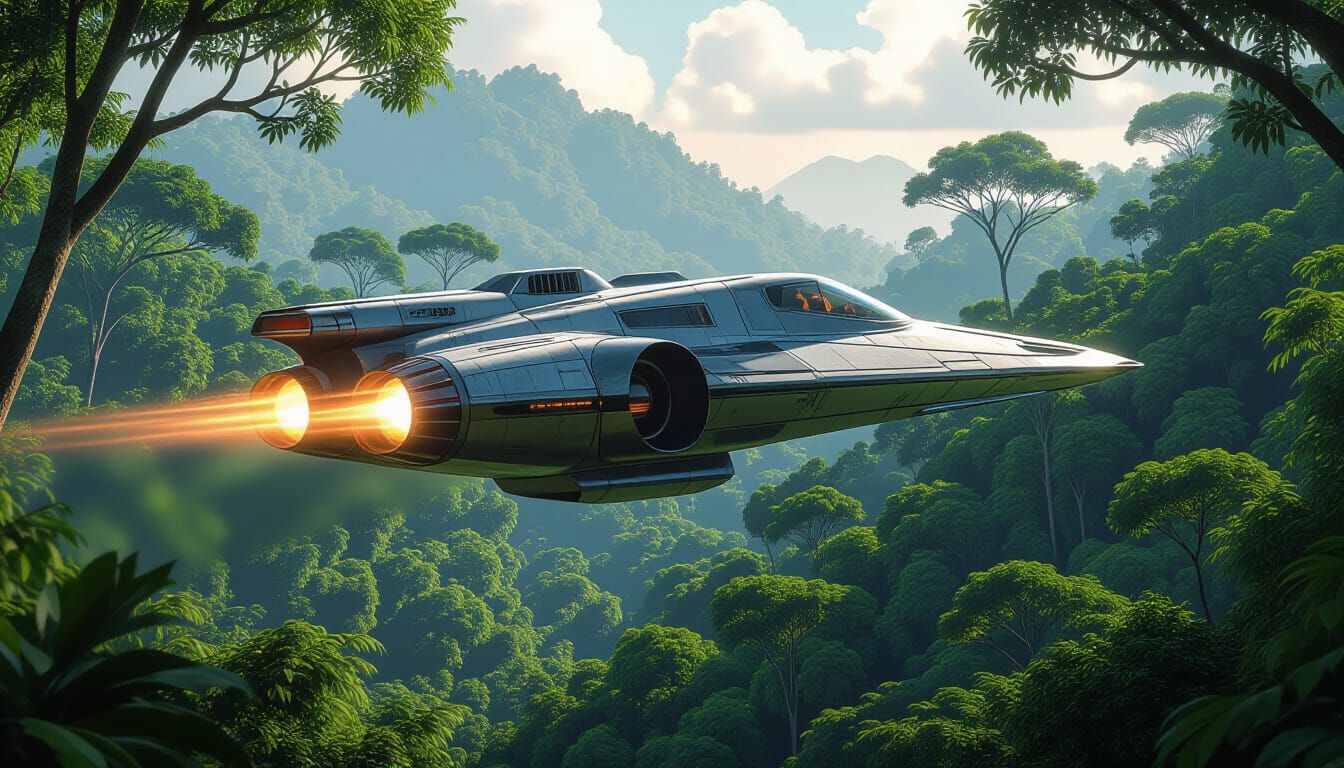 Spaceship Over Lush Jungle in Photorealistic Style