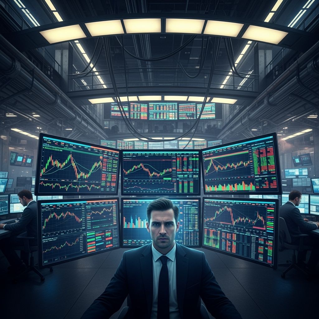 Intense Stock Trader in Futuristic Cyberpunk Trading Floor