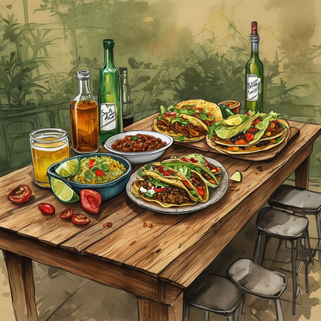 Taco Bar on Cantina Table: Alcohol Ink Sketch