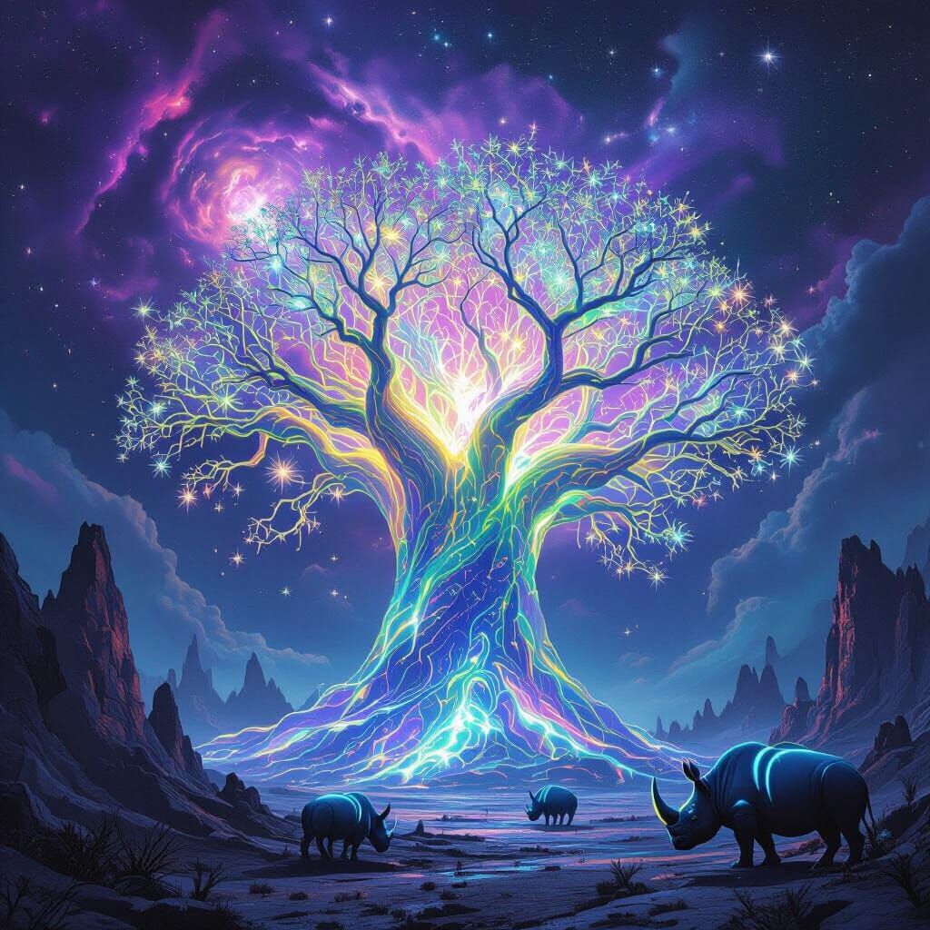 Bioluminescent Tree on Alien Planet with Nebula Sky