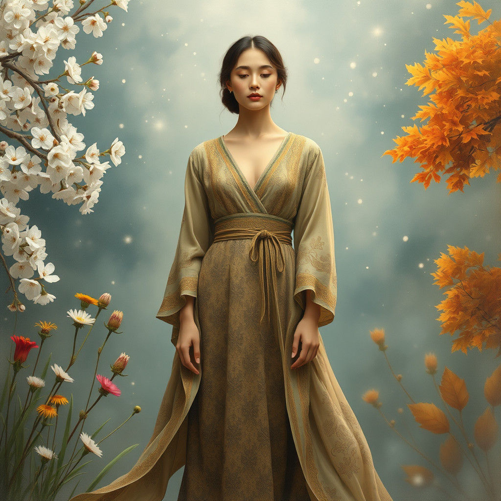 Woman Surrounded by Revolving Seasons in Dreamy Art