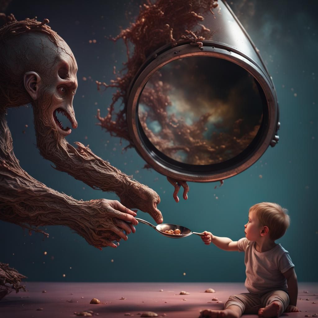 Arm Feeds Child From Television: Detailed Matte Painting