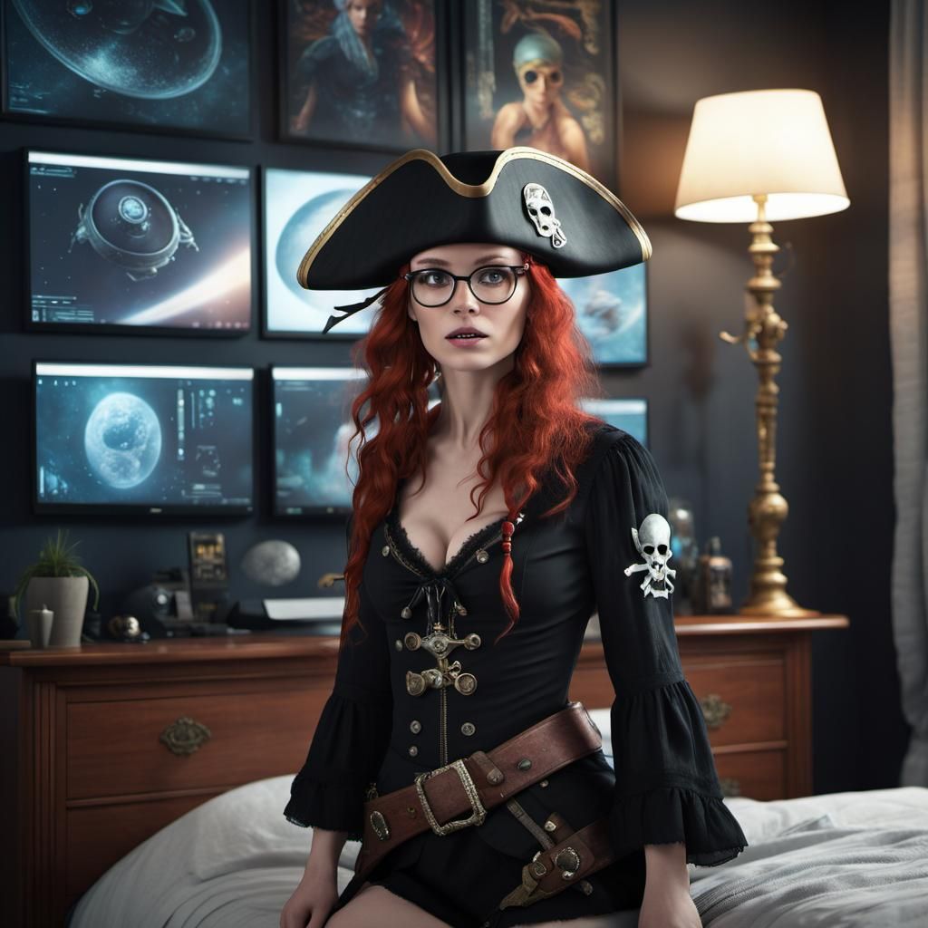 Opulent Red-Haired Pirate Hacking in Sci-Fi Room