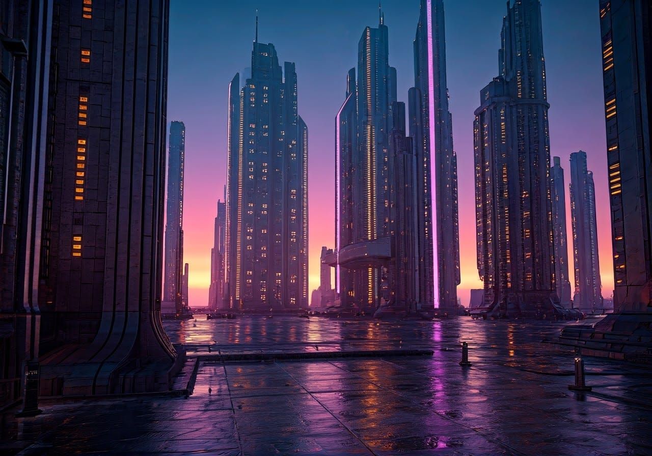 Cyberpunk Cityscape at Dusk in 3D Digital Art
