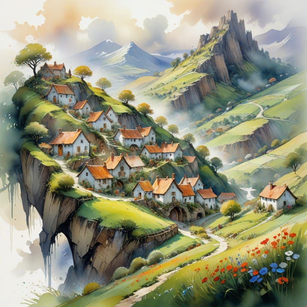 Hobbit Village in Rolling Hills, Watercolour Style