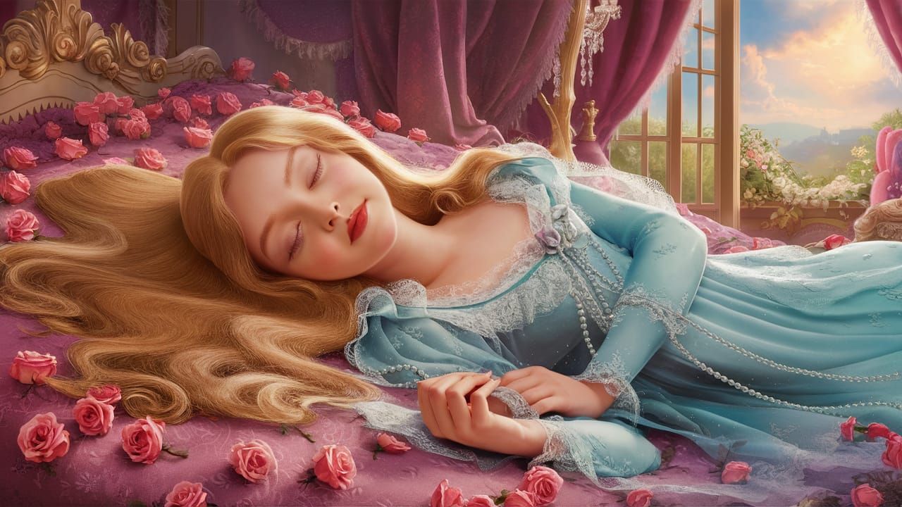 Sleeping beauty in a deep sleep on a bed of roses