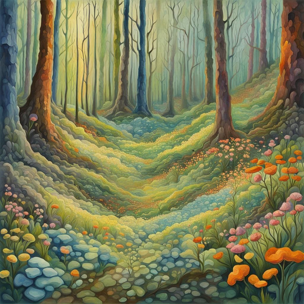 Spring Mycelium Network in Impressionist Gouache Style