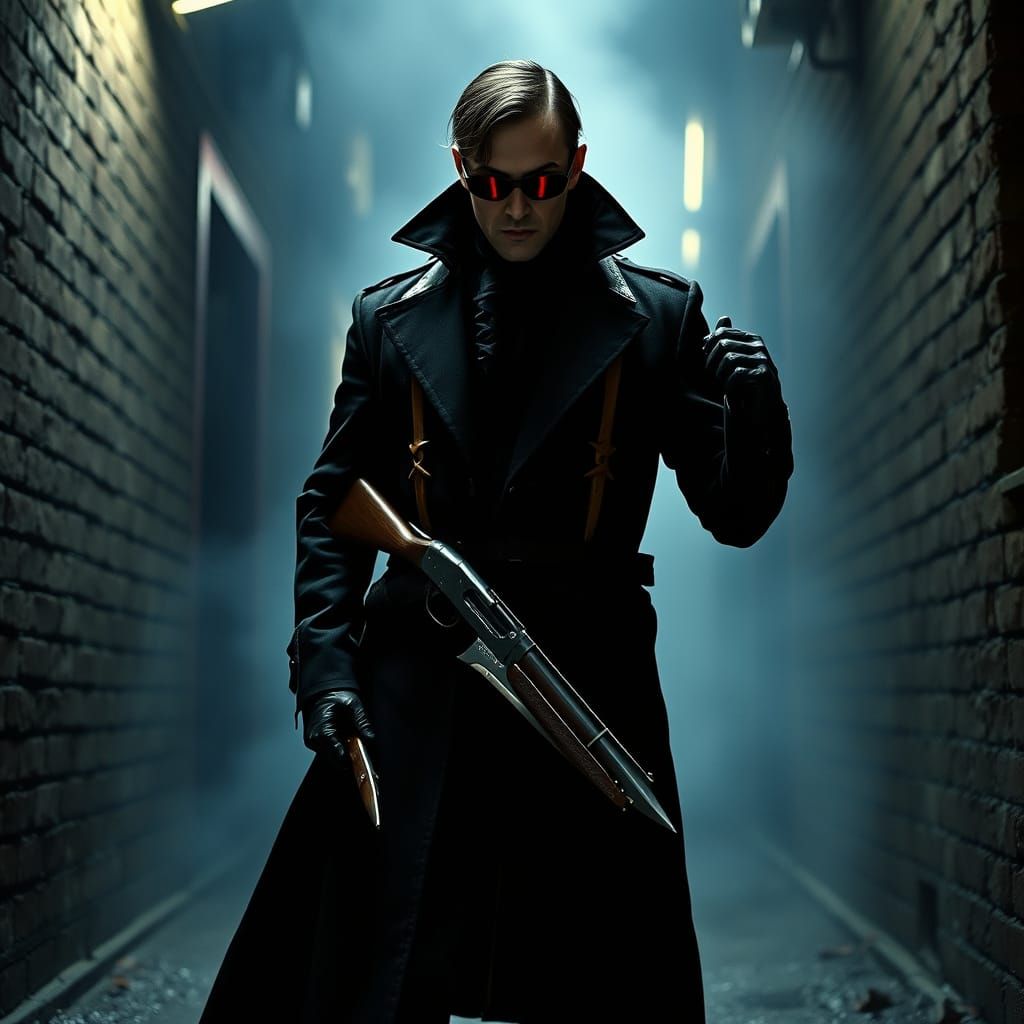 Vampire Hunter in Gothic Trench Coat, Cinematic Lighting