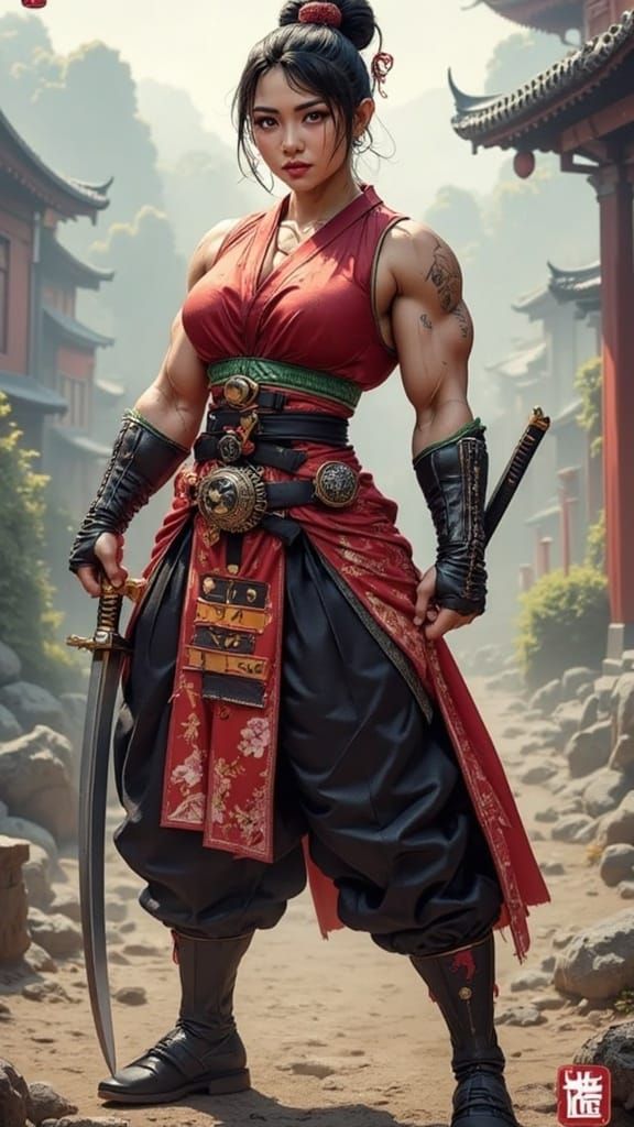 Surreal Geisha Warrior in Traditional Japanese Armor Wields ...