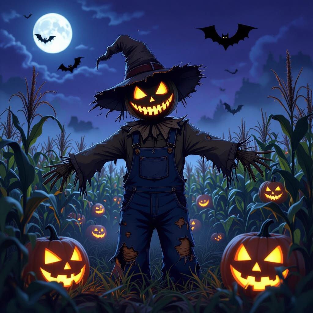 Creepy Scarecrow in Moonlit Cornfield, Studio Trigger Style