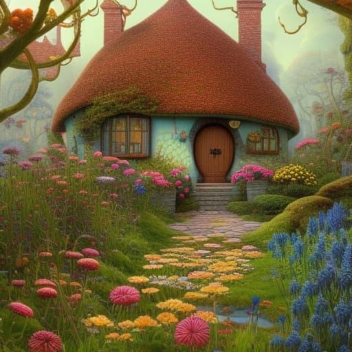 Enchanting Storybook Cottage in Vibrant Fantasy Garden