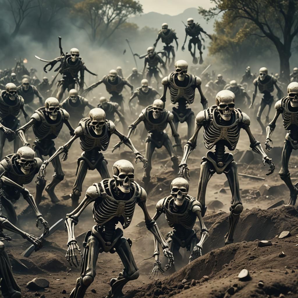 Skeletons vs Aliens: An Epic Battle Scene