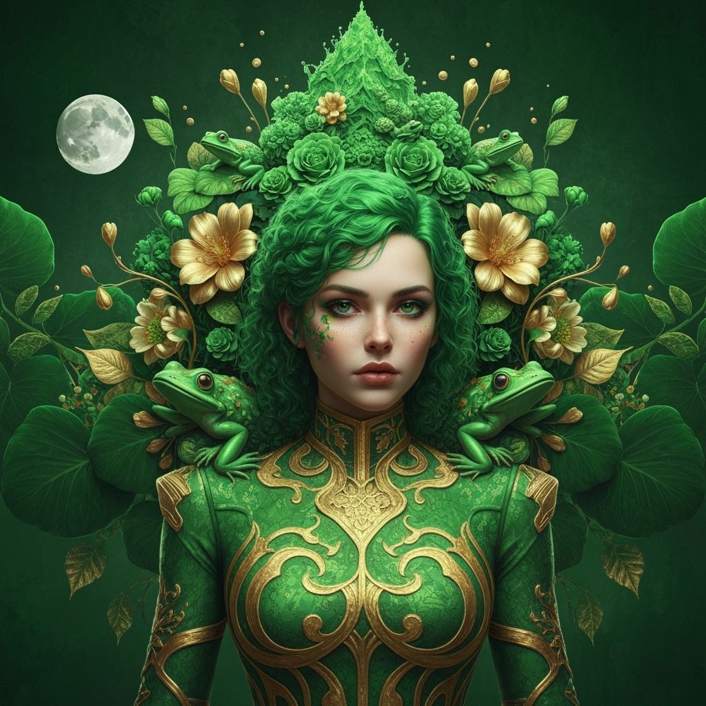 Woman with Green Hair Amidst Green and Gold Splash Art